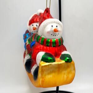European Old World Hand Blown Glass Snowmen on Sledge Christmas Ornament EUC